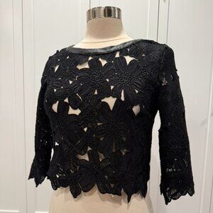 Akira Black Floral Lace Crop Sheer Statement Blouse (S)